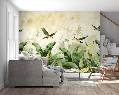 Tropical birds wallpaper creating a fresh vibe in modern living room with natural light