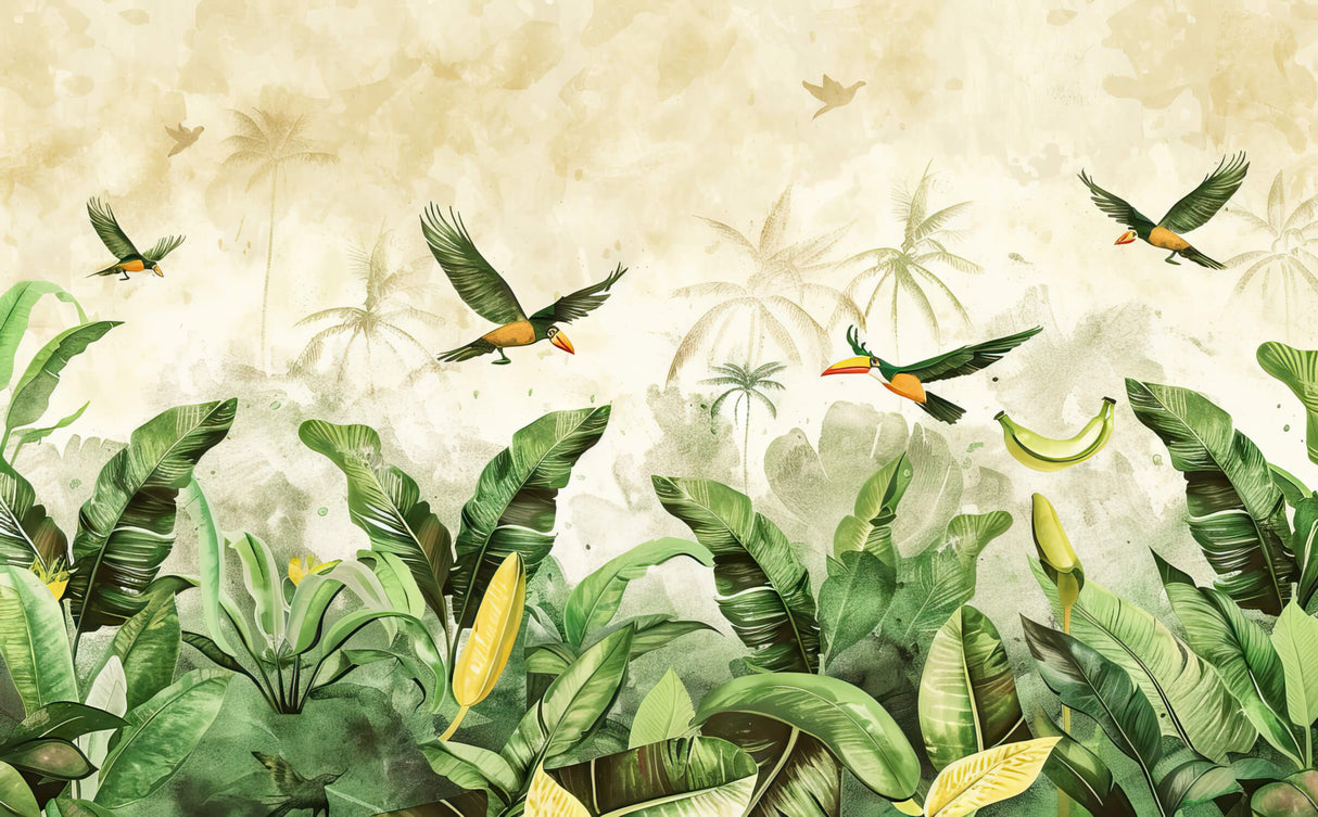 Design file of toucan birds with banana leaves pattern on beige background