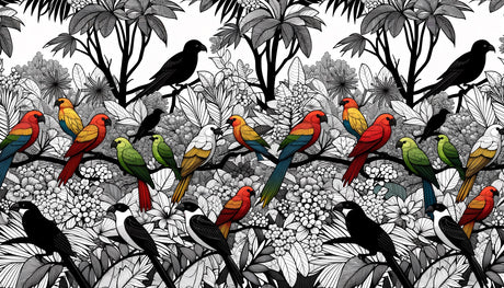Black and white botanical bird mural creating depth in a minimalist dining room setting