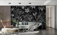 Tropical birds wallpaper in modern living room showing black and white contrast against neutral furniture