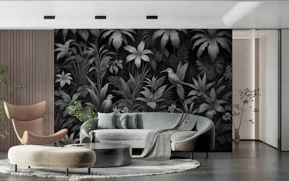 Tropical birds wallpaper in modern living room showing black and white contrast against neutral furniture