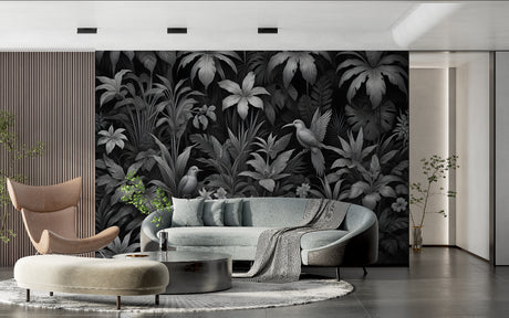 Tropical birds wallpaper in modern living room showing black and white contrast against neutral furniture