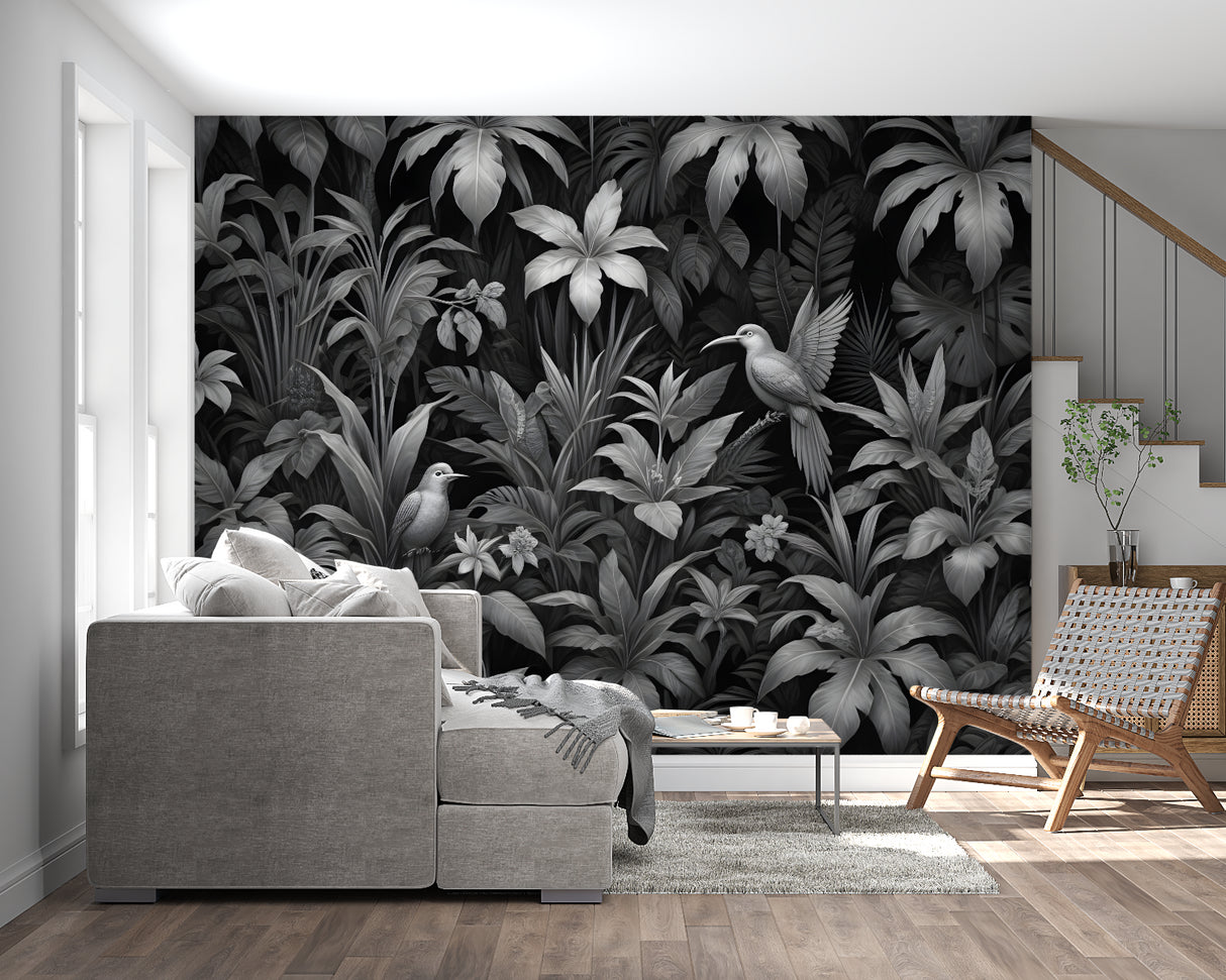 Black and white bird mural creating drama in master bedroom setting