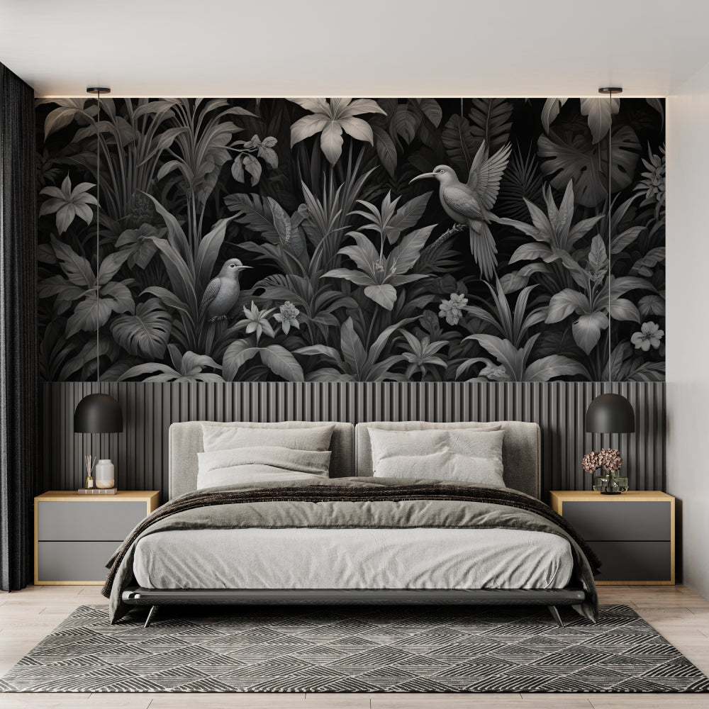 Exotic birds wallpaper bringing life to minimalist dining room