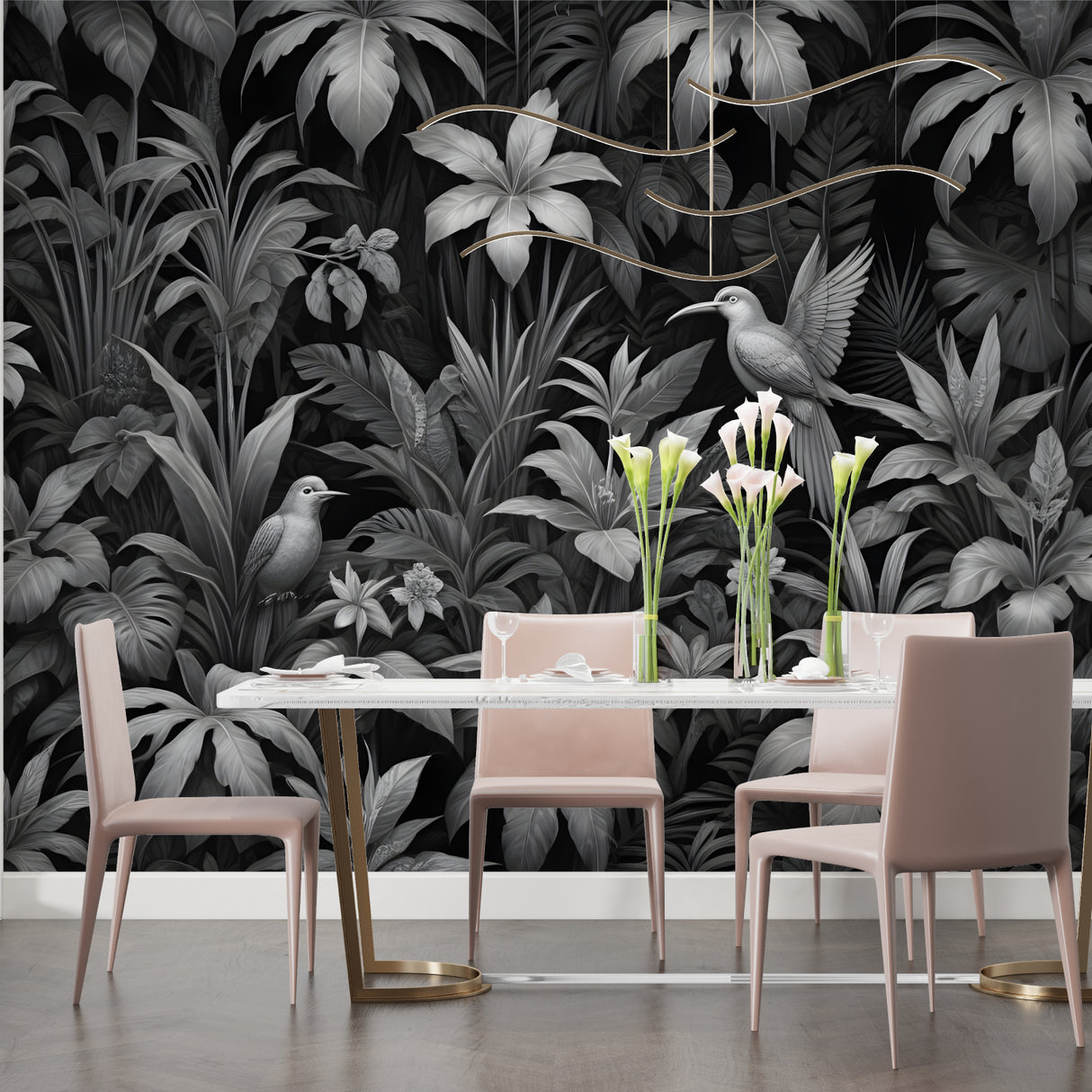 Botanical wall mural showcased in home office with natural lighting