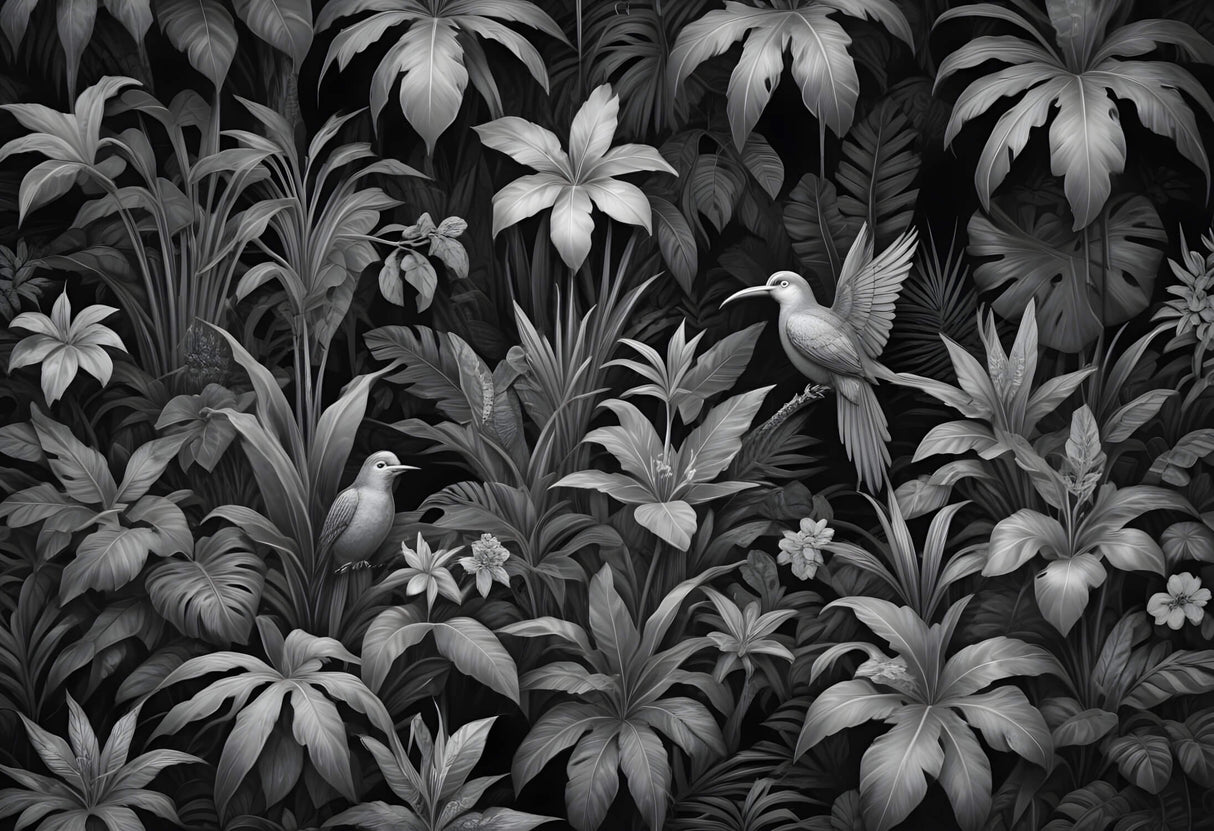 Black and white tropical birds design file showing intricate botanical pattern and exotic birds