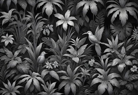 Black and white tropical birds design file showing intricate botanical pattern and exotic birds