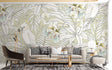 Tropical bird wallpaper with white cockatoos creating a peaceful atmosphere in a bright modern living room