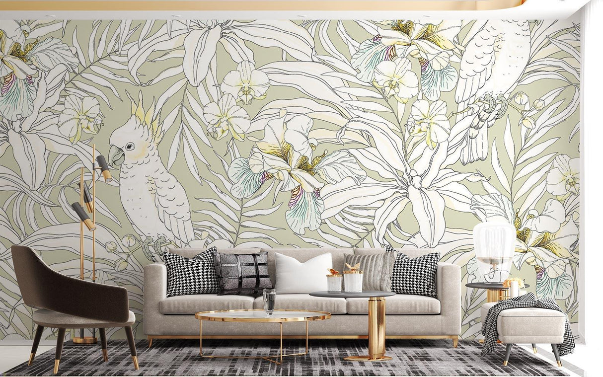 Tropical bird wallpaper with white cockatoos creating a peaceful atmosphere in a bright modern living room