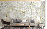 Tropical bird wallpaper with white cockatoos creating a peaceful atmosphere in a bright modern living room