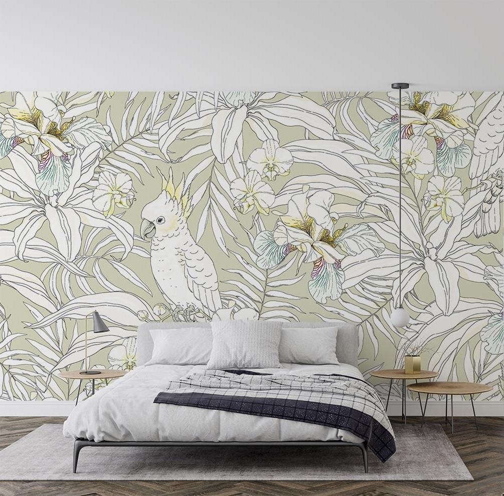 Elegant cockatoo and orchid wallpaper bringing natural beauty to a sophisticated dining room setting