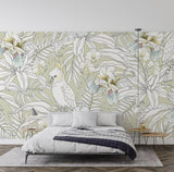 Elegant cockatoo and orchid wallpaper bringing natural beauty to a sophisticated dining room setting