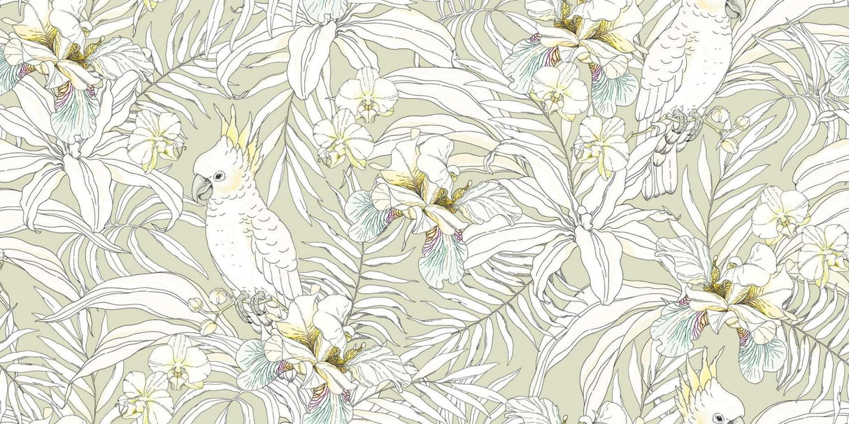 Tropical bird wallpaper design file showing detailed white cockatoos with orchids on sage green background