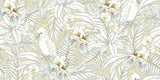Tropical bird wallpaper design file showing detailed white cockatoos with orchids on sage green background