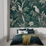 Tropical bird wallpaper creating a stunning focal point in a modern living room with white furniture