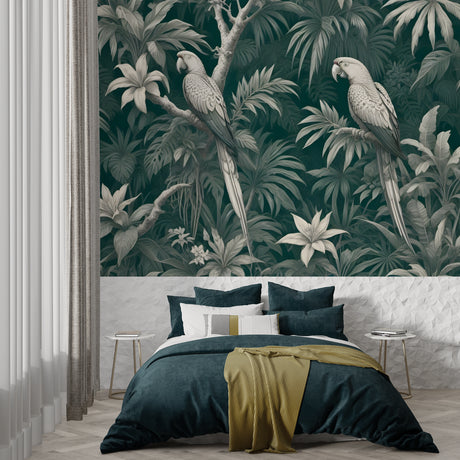 Tropical bird wallpaper creating a stunning focal point in a modern living room with white furniture