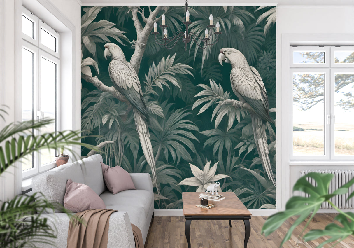 Exotic bird wallpaper bringing life to a master bedroom with minimal decor