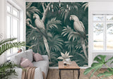 Exotic bird wallpaper bringing life to a master bedroom with minimal decor