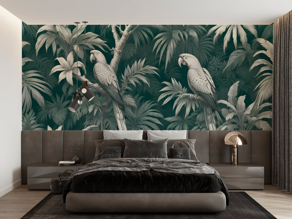 Parrot and palm design transforming a home office into a tropical paradise