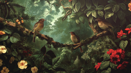 Tropical birds wallpaper creating a peaceful atmosphere in a modern living room with natural light and minimal furniture