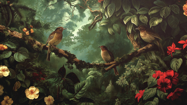Tropical birds wallpaper creating a peaceful atmosphere in a modern living room with natural light and minimal furniture