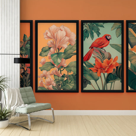 Tropical bird wallpaper with red parrot and hibiscus flowers creating a sunny mood in a modern dining room