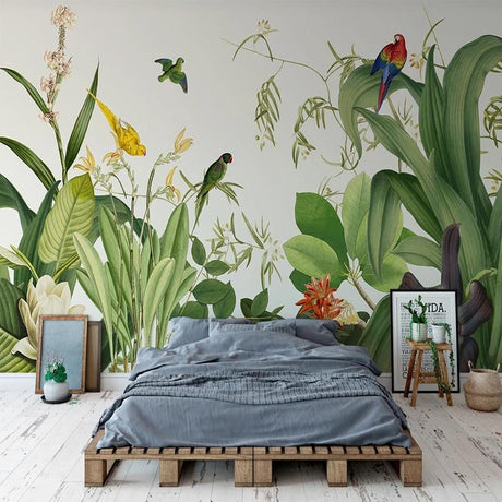 Tropical birds wallpaper creating a stunning focal point in a modern living room with natural light