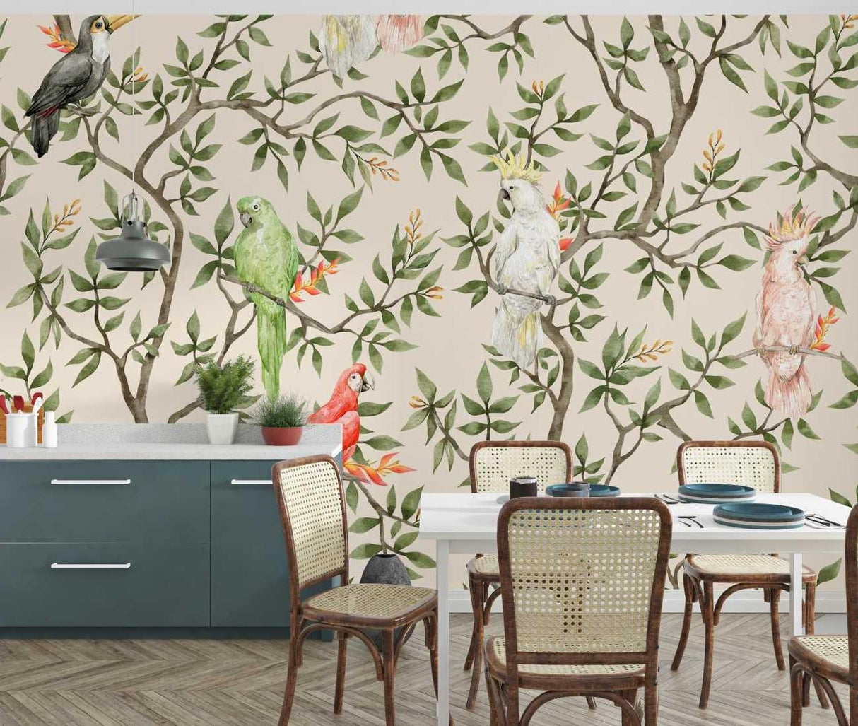 Tropical birds wallpaper creating a stunning focal point in a bright living room with modern furniture