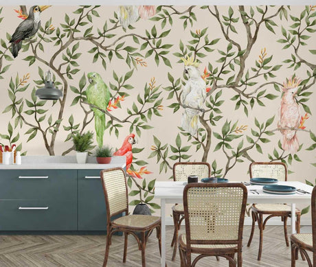 Tropical birds wallpaper creating a stunning focal point in a bright living room with modern furniture