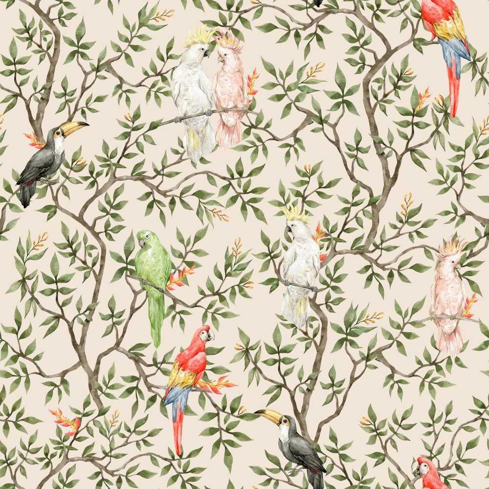 Exotic parrot wallpaper bringing color and life to a peaceful bedroom setting with neutral decor