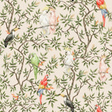 Exotic parrot wallpaper bringing color and life to a peaceful bedroom setting with neutral decor