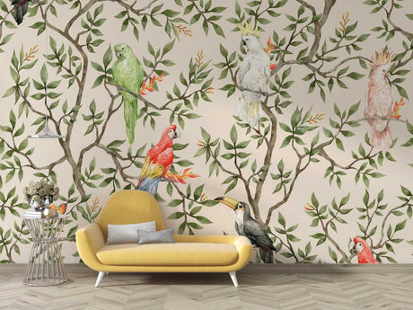 Tropical birds and parrots design file showing intricate pattern details on beige background