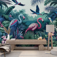 Tropical bird wallpaper with pink flamingos creating a stunning accent wall in a modern living room