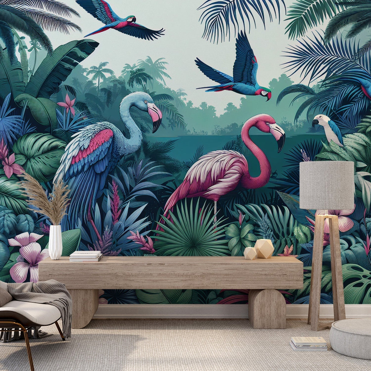 Tropical bird wallpaper with pink flamingos creating a stunning accent wall in a modern living room