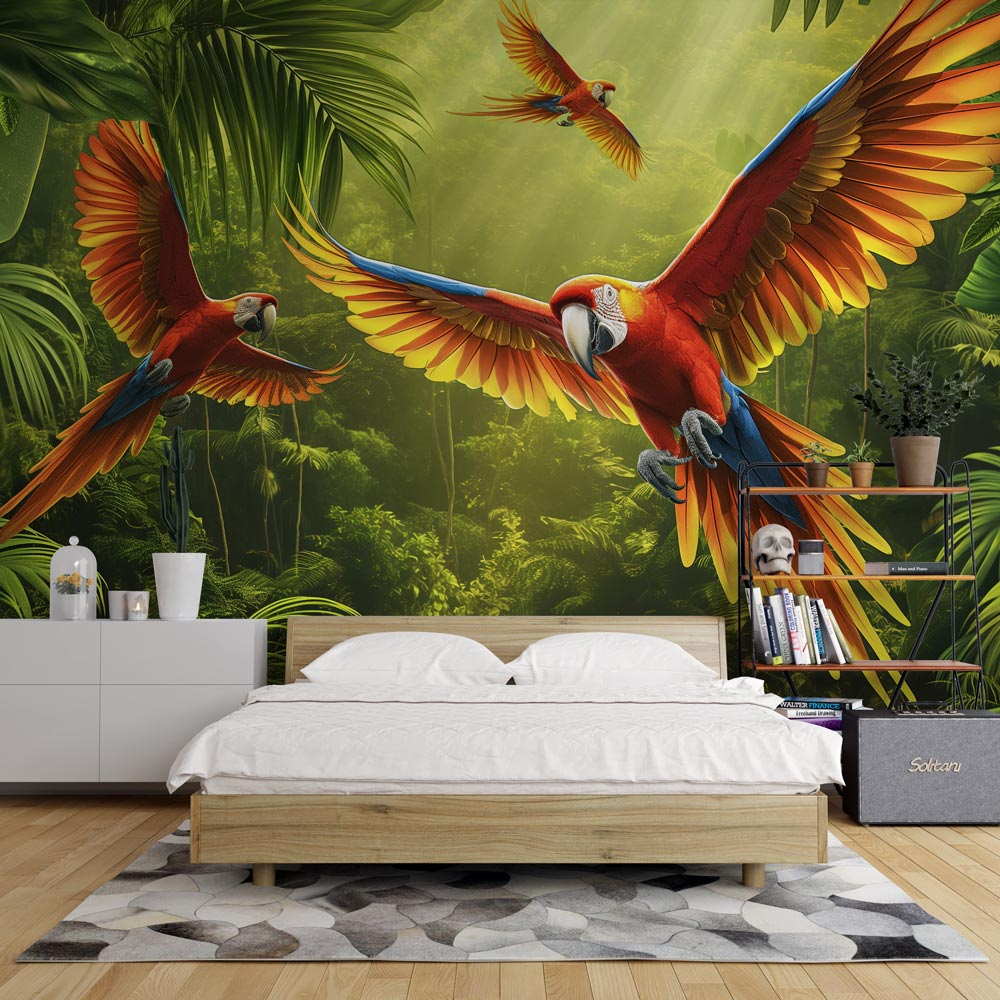 Tropical birds wallpaper with vibrant macaws bringing life to a modern living room with high ceilings