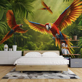 Tropical birds wallpaper with vibrant macaws bringing life to a modern living room with high ceilings