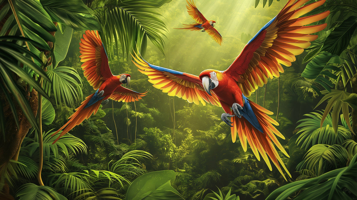 Tropical birds wallpaper design file showing detailed macaw parrots soaring through jungle canopy
