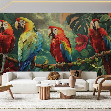 Tropical birds wallpaper with vibrant macaws brightening a modern living room with natural light and wooden furniture