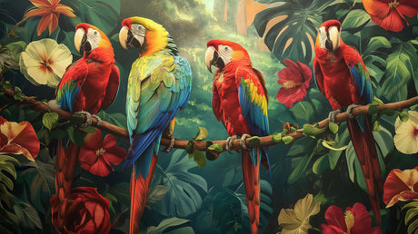 Tropical birds and exotic flowers design file showing detailed macaw pattern and rich color palette