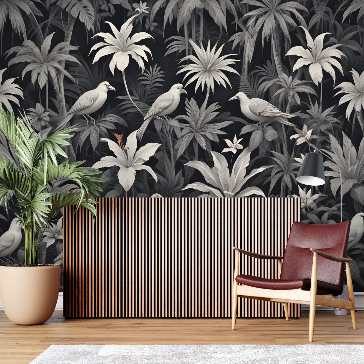 Black and white tropical birds mural adding depth to a cozy bedroom setting