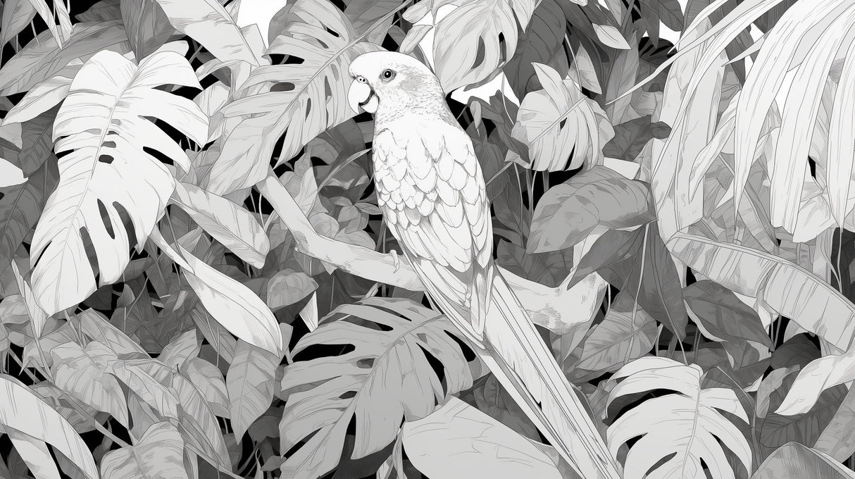 Black and white tropical bird wallpaper design file showing detailed parrot and monstera pattern