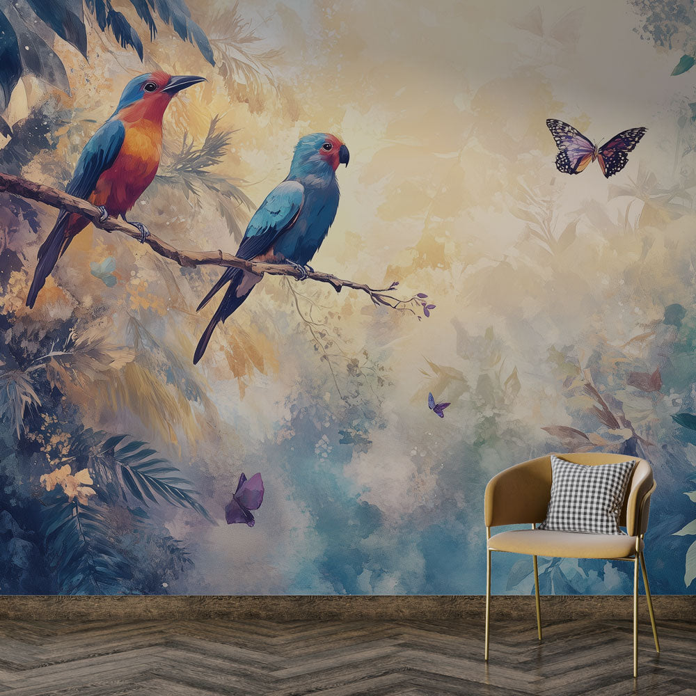 Tropical birds wallpaper creating a peaceful atmosphere in a modern living room with natural light and minimal furniture