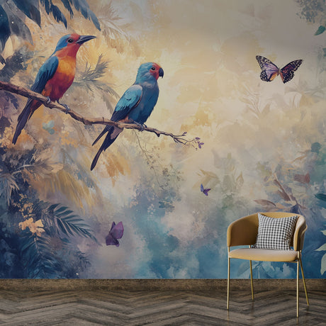 Tropical birds wallpaper creating a peaceful atmosphere in a modern living room with natural light and minimal furniture