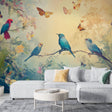 Tropical birds wallpaper creating a stunning accent wall in a bright modern living room with natural light