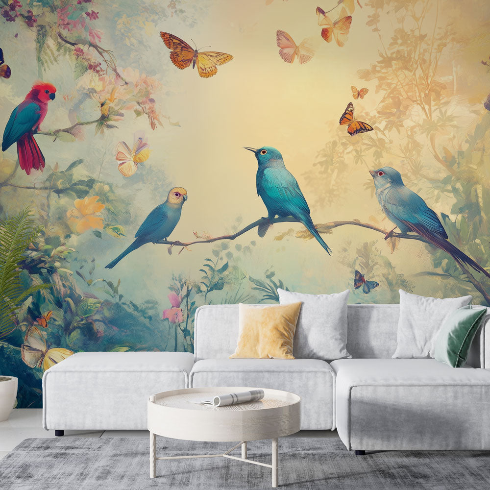 Tropical birds wallpaper creating a stunning accent wall in a bright modern living room with natural light