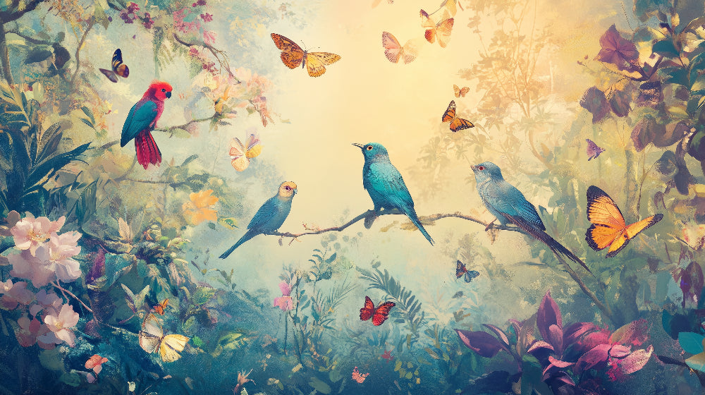 Tropical birds paradise garden design file showing detailed bird and butterfly pattern
