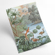 Tropical birds wallpaper design file showing paradise lake scene with exotic birds and palm trees in natural colors