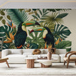 Tropical bird wallpaper with toucans and monstera leaves creating a stunning focal point in a modern living room