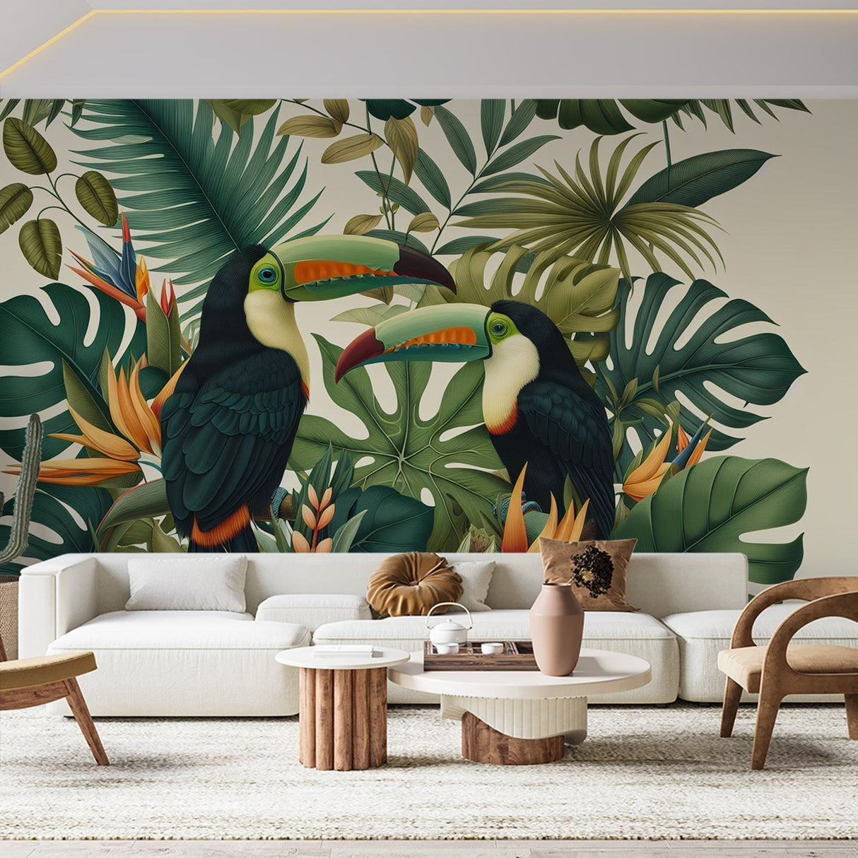 Tropical bird wallpaper with toucans and monstera leaves creating a stunning focal point in a modern living room