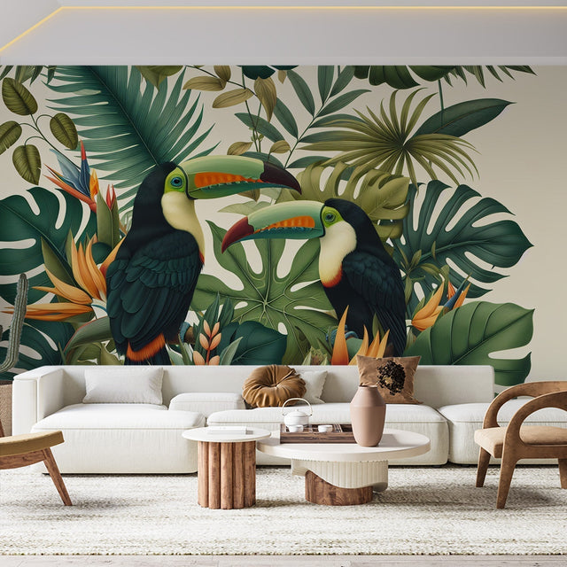 Tropical bird wallpaper with toucans and monstera leaves creating a stunning focal point in a modern living room